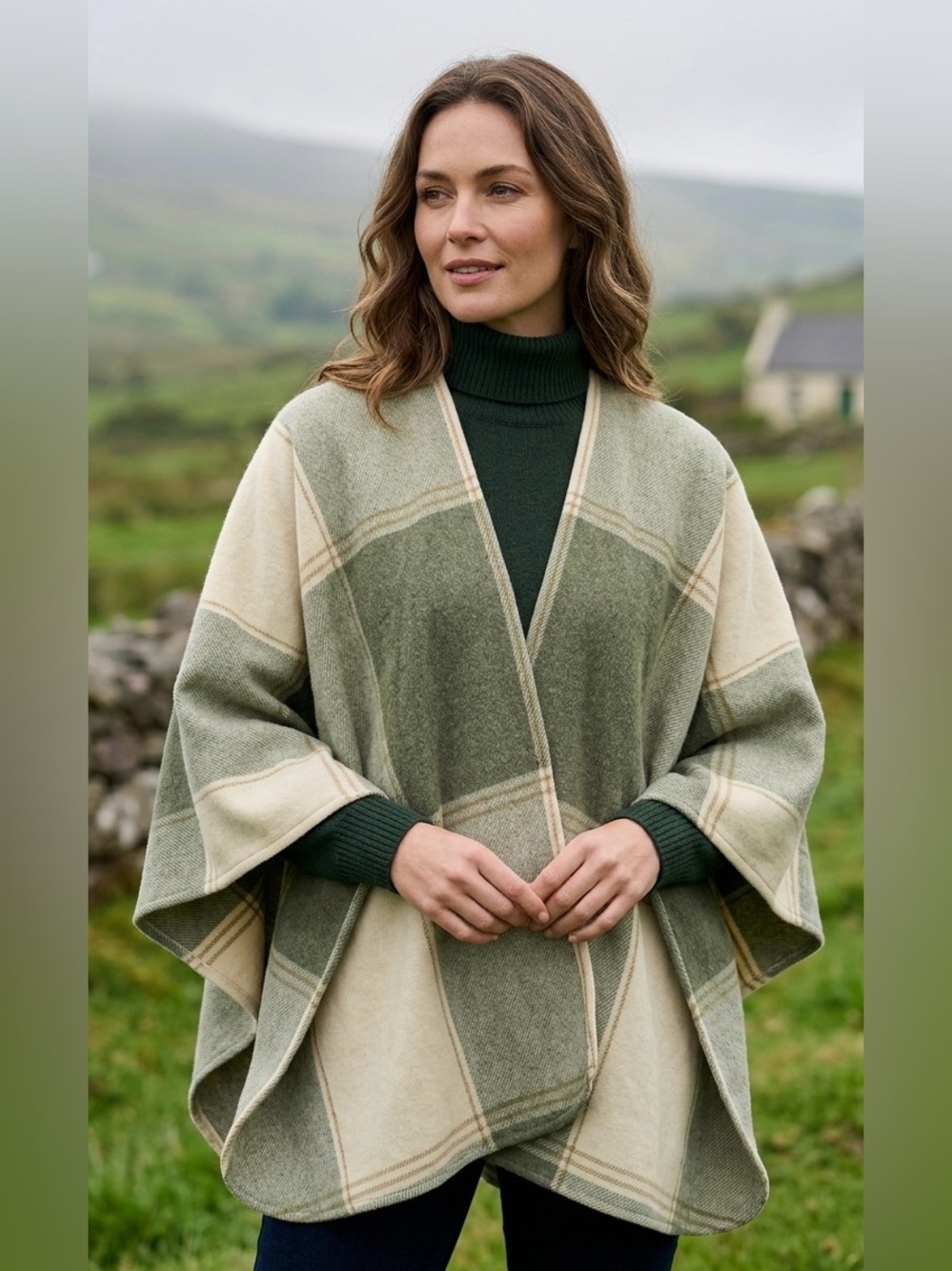John Hanly & Co. Lambswool Poncho Sage Green Geometric‎ Plaid Made in Ireland